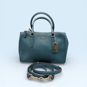 Coach Mini Surrey Carryall Crossbody Teal Pebbled Leather Satchel Gold Hardware